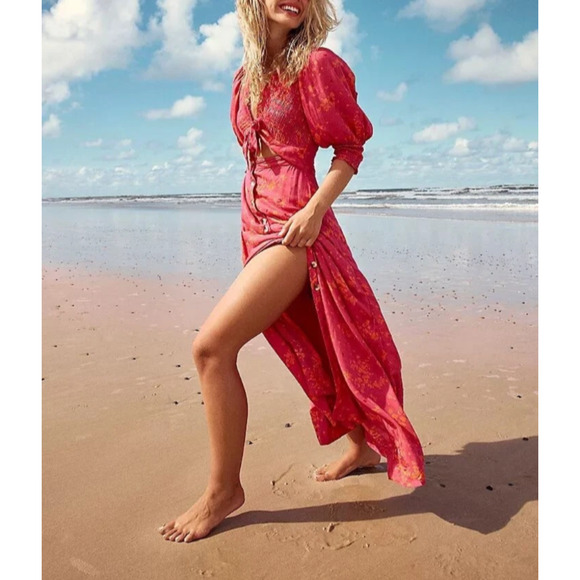 FREE PEOPLE String Of Hearts Women's Size XL Pink/Orange Printed Boho Maxi Dress - Picture 1 of 14